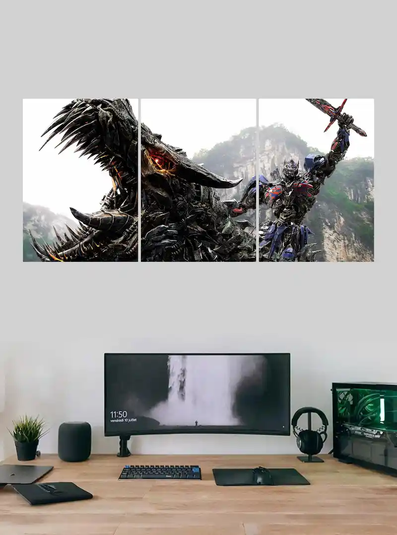 “Optimus Prime Action Poster – Dragon Battle HD Wall Decor Split Poster